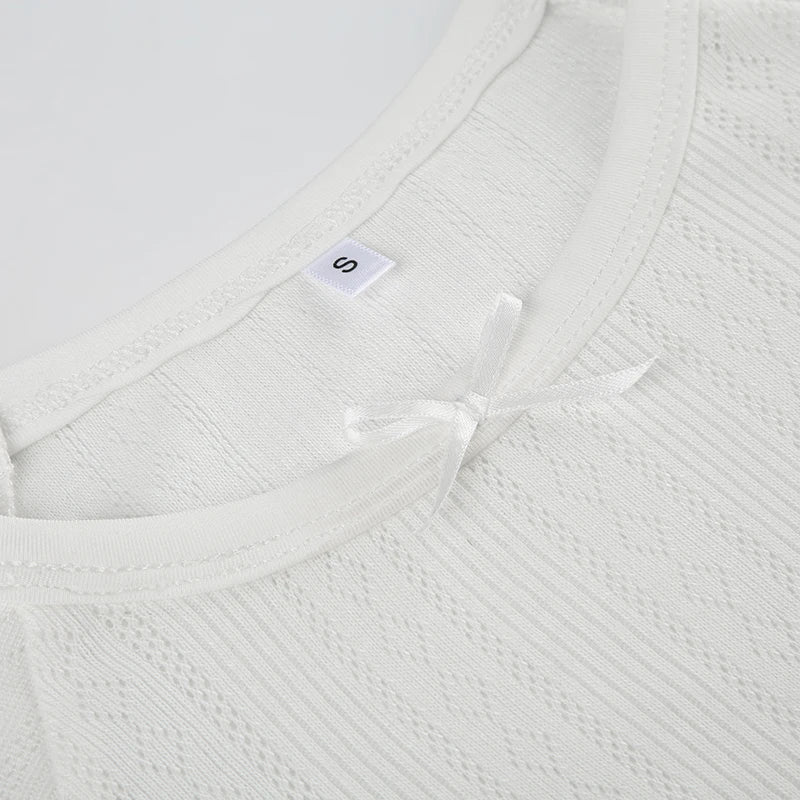 White Knit Ribbed Lettuce Trim Short Sleeve