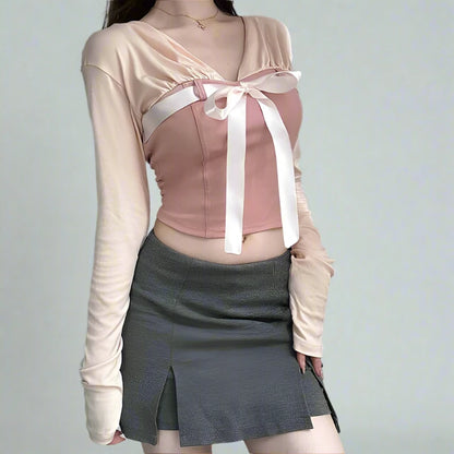 Two Toned Pink V-Cut Bow Corset Long Sleeve