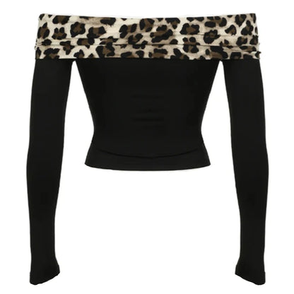 Black Cheetah Trim Off Shoulder Long Sleeve