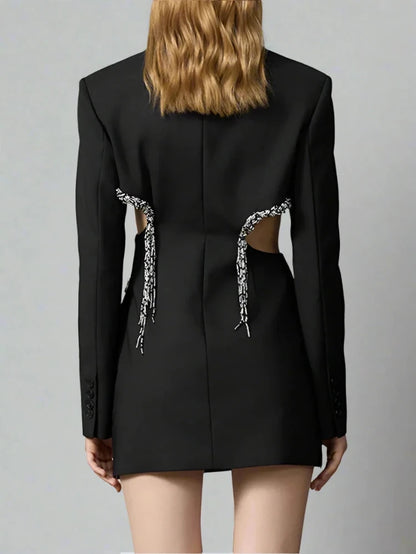 Black Hollow Out Beaded Tassel Trim Blazer