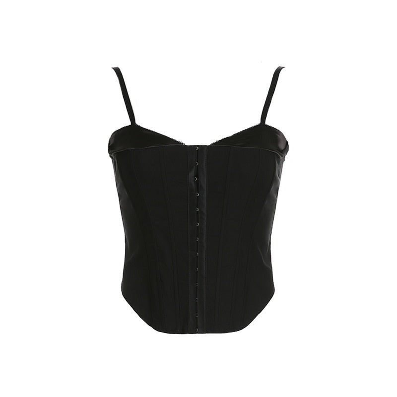 Black Lace V-Cut Button Up Corset Spaghetti Strap Top