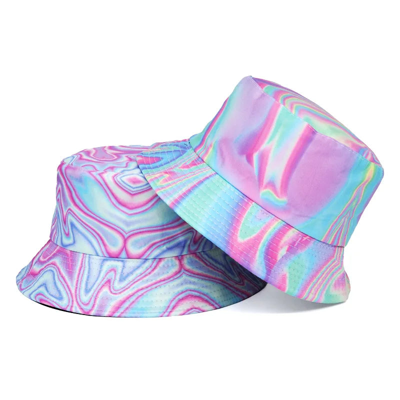 Pastel And Neon Tie-Dye Print Cotton Reversible Bucket Hat