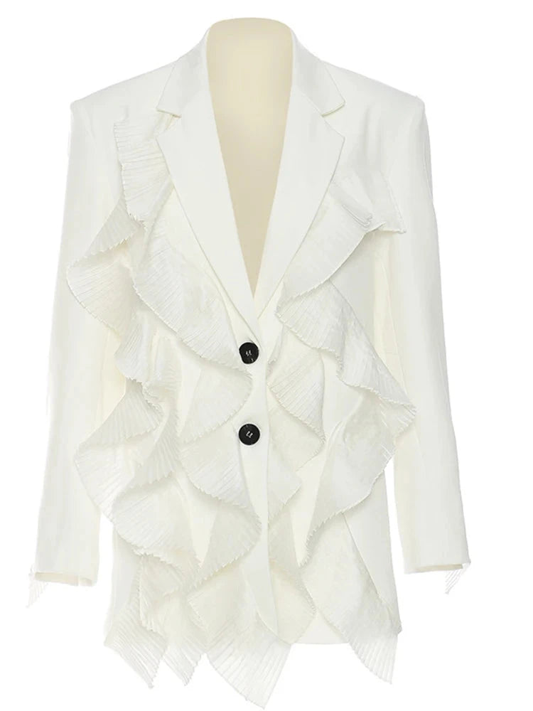 Neutral Pleated Ruffle Blazer