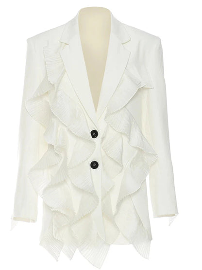 Neutral Pleated Ruffle Blazer