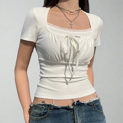 White Fake Lace Trim Under Shirt And Ruched Drawstring Short Sleeve