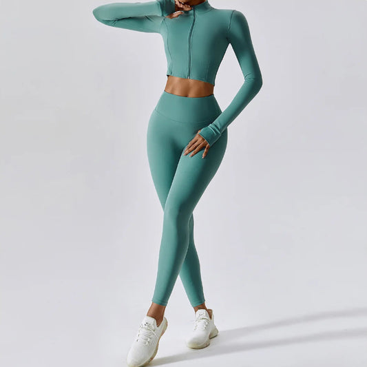 Solid Color Crop Jacket And Crop Top And High Waisted Legging Set