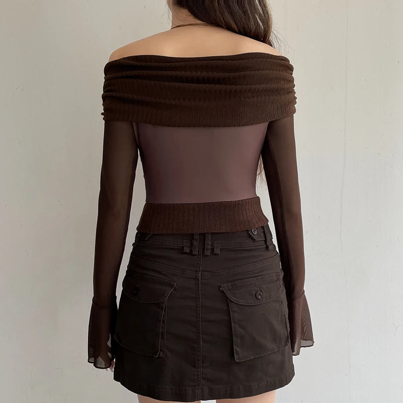 Brown Ribbed Butterfly Roll Over Off Shoulder Sheer Flare Long Sleeve