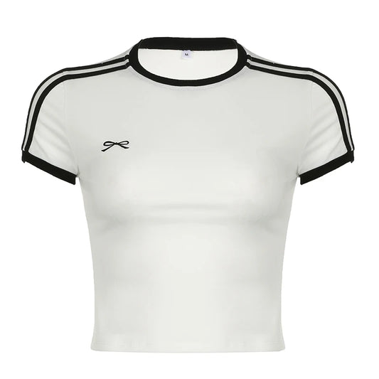 White Bow Embroidery Black Trim Short Sleeve