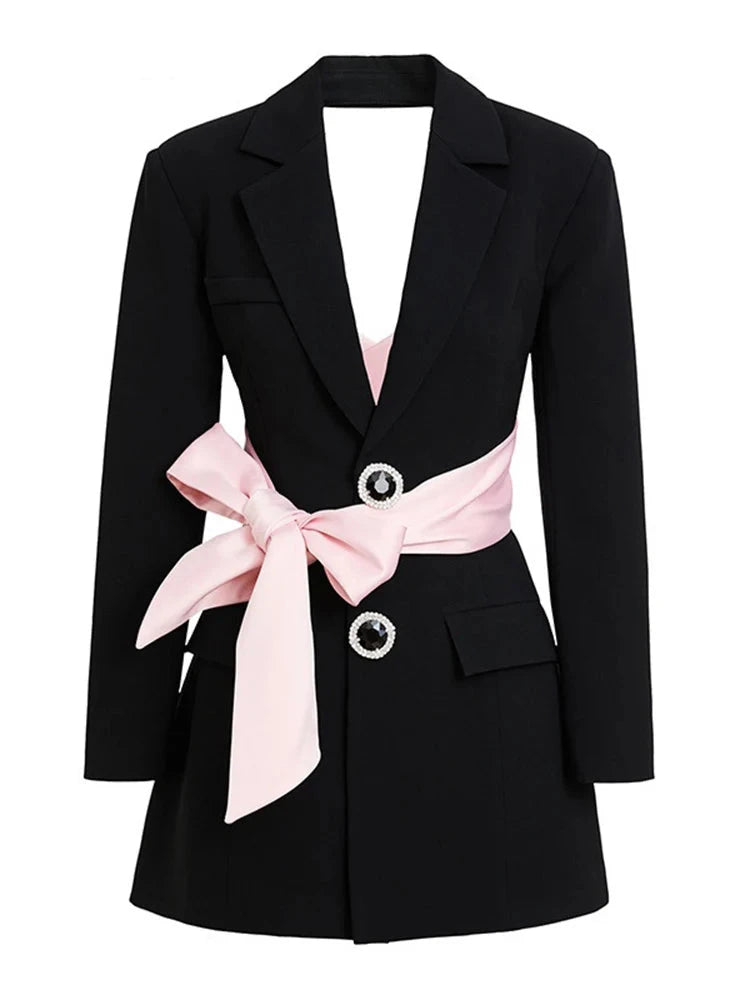 Black Backless Pink Criss-Cross Bow Blazer