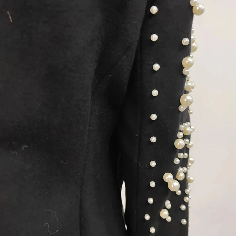 Black Pearl Studded Shoulder Double Breasted Blazer