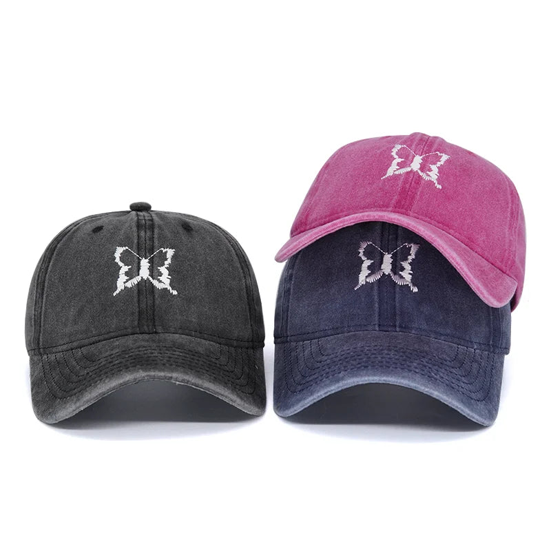 Solid Color Washed Cotton Butterfly Embroidery Baseball Hat