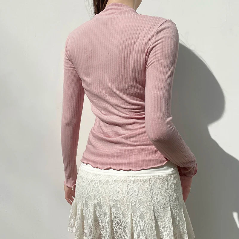 Pink Knit Ribbed Lace Trim Long sleeve