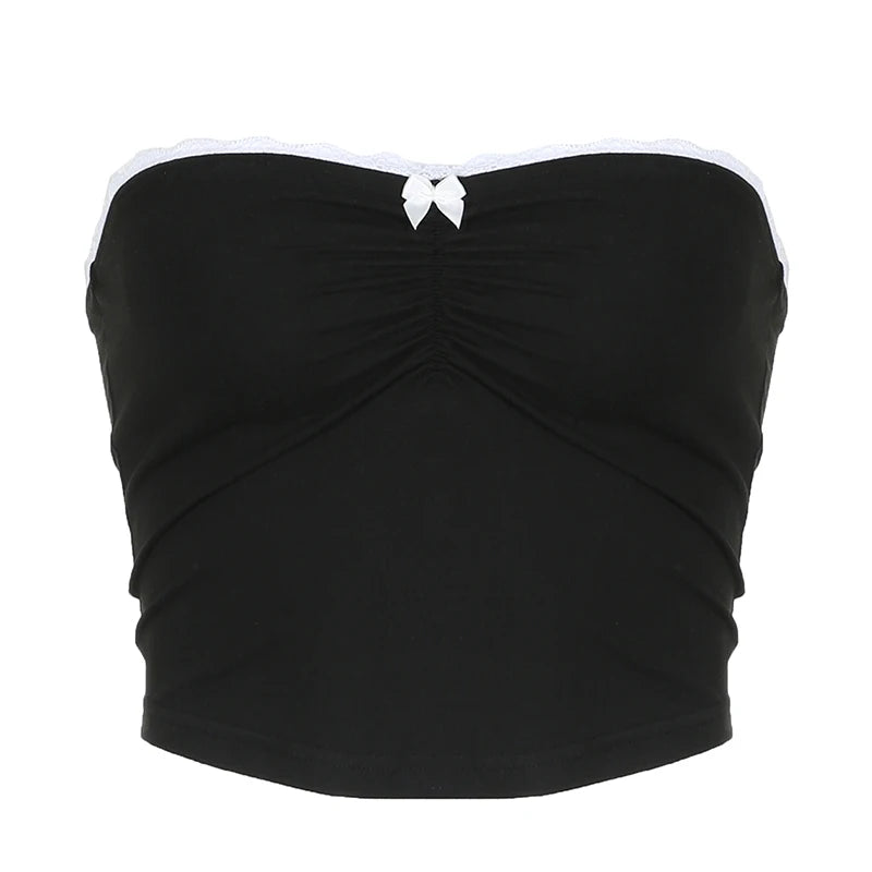 Black Lace Trim Ruched Bow Strapless Top