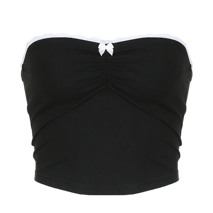 Black Lace Trim Ruched Bow Strapless Top