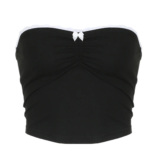 Black Lace Trim Ruched Bow Strapless Top