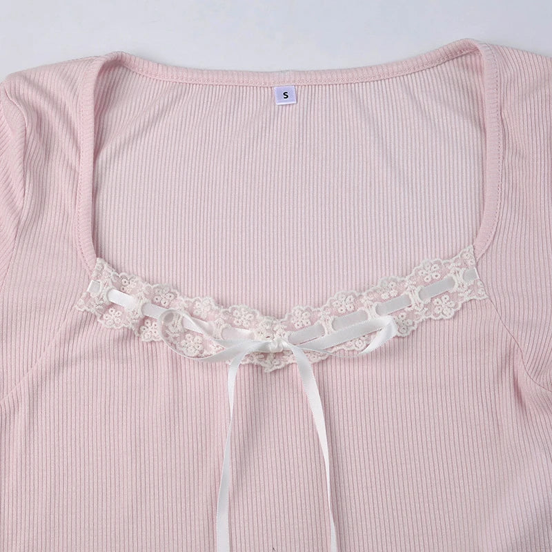 Solid Color Ribbed Lace V-Cut Bow Crop Long Sleeve