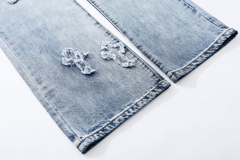 Blue Denim Distressed Cross Embroidery Straight Jeans