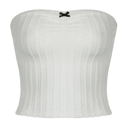 White Ribbed Ruched Bow Strapless Top