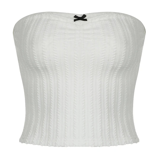 White Ribbed Ruched Bow Strapless Top