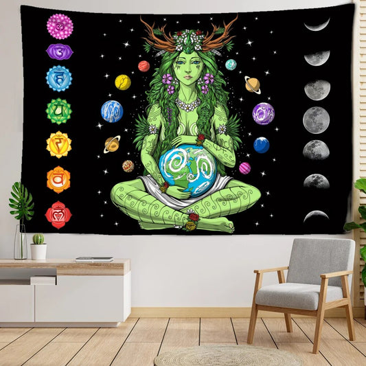 Mother Gaia Holding Earth With Planets Chakras And Moon Phases In The Stars Tapestry
