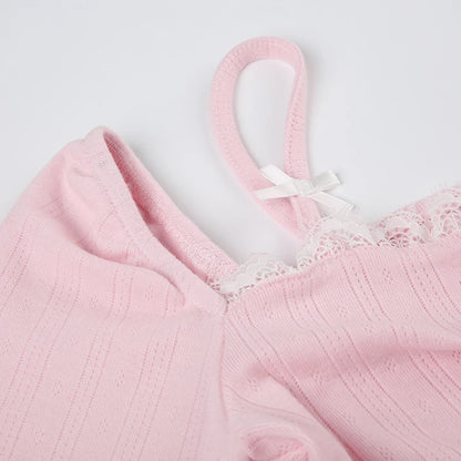 Pink Knit Ribbed Lace Ruched 3D Rose V-Cut Lettuce Trim Crop Bow Spaghetti Strap Long Sleeve