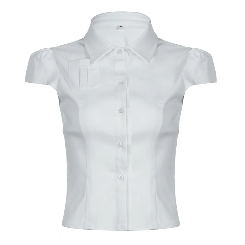 White Front Pocket Button Up Puff Short Sleeve