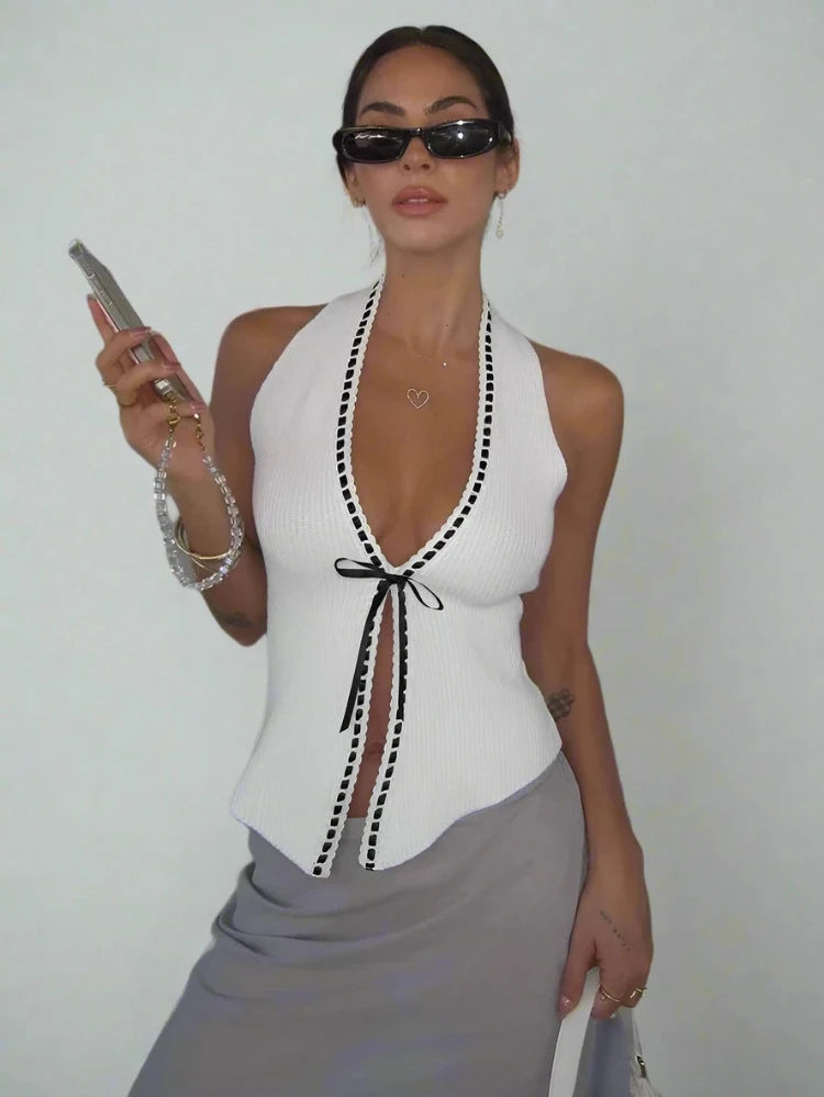 White Knit Black Trim V-Cut Front Tie Slit Sleeveless Top