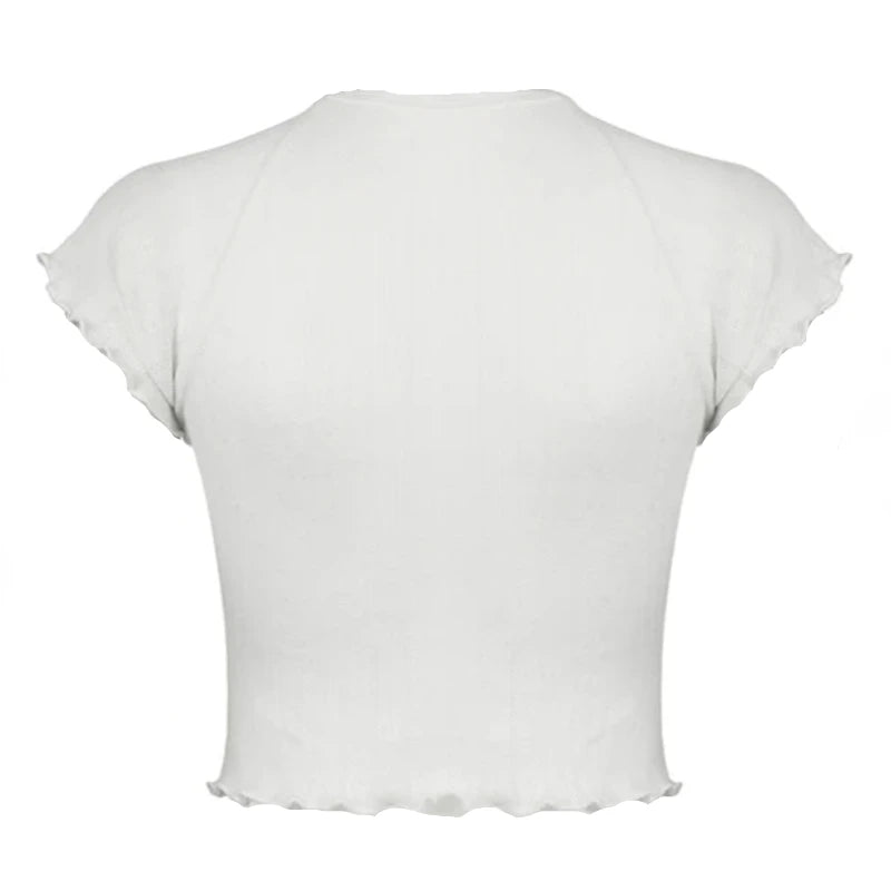 White Knit Ribbed Lettuce Trim Short Sleeve