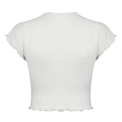 White Knit Ribbed Lettuce Trim Short Sleeve