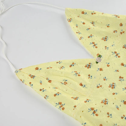 Yellow Embroidery Orange Floral V-Cut Lettuce Trim Halter Top