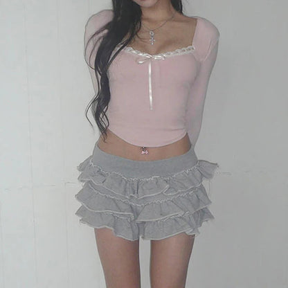 Solid Color Ribbed Lace V-Cut Bow Crop Long Sleeve