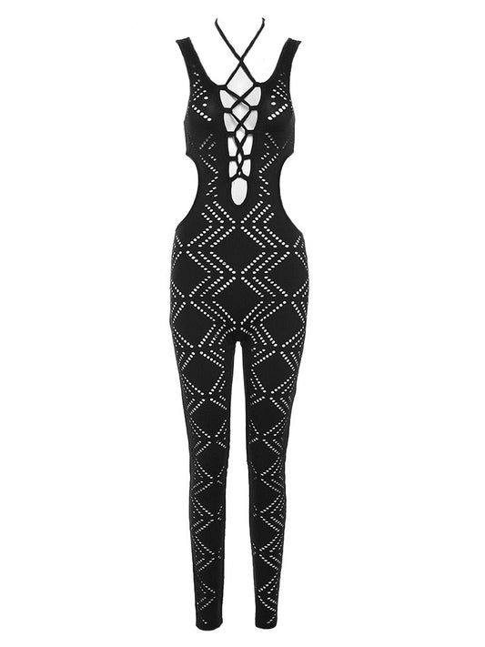 Solid Color Diamond Hollow Out Front Lace-Up Side Hollow Out Spaghetti Strap Jumpsuit
