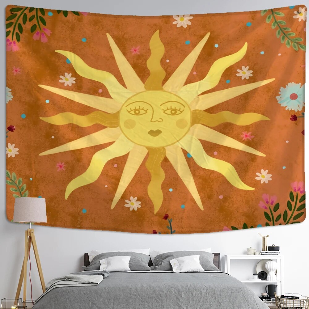 Orange Sun And Floral Tapestry