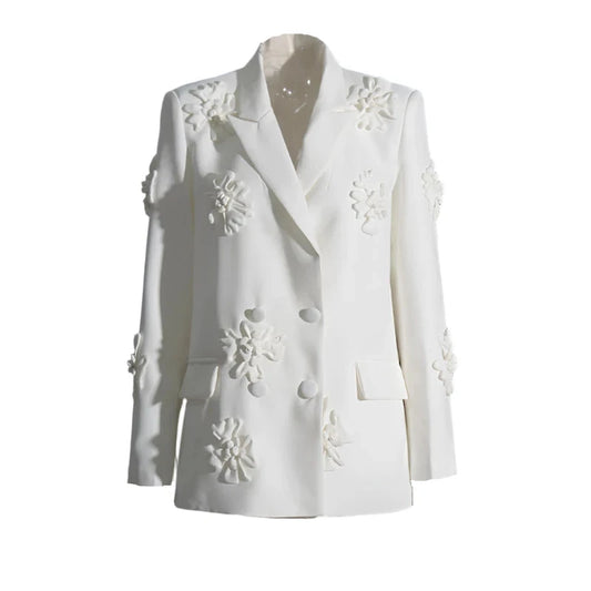 Solid Color 3D Flower Cross Double Breasted Blazer