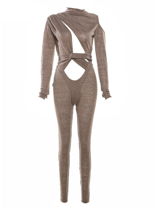 Brown Hollow Out Bandage Strap Long Sleeve Jumpsuit