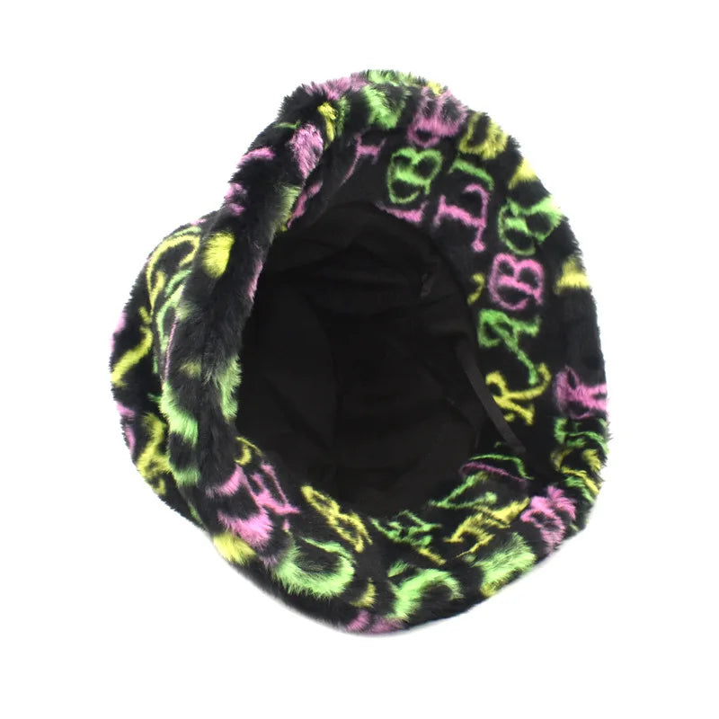 Solid Color Letter Print Fur Bucket Hat