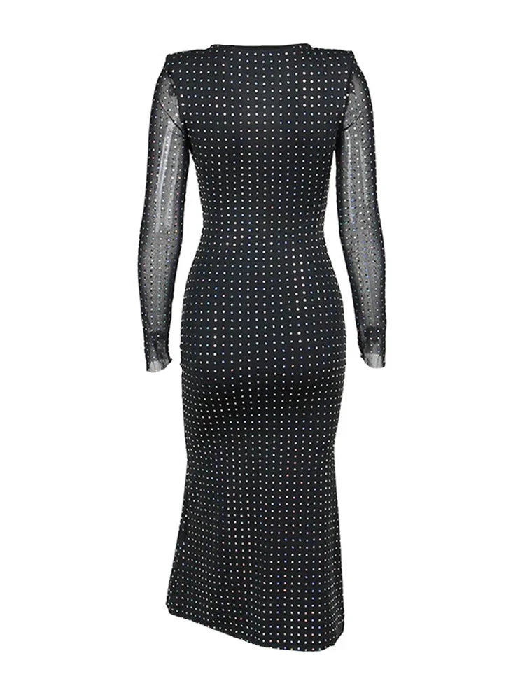 Black Diamond Studded Front Tie-Up Hollow Out Long Sleeve Maxi Dress