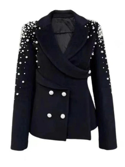 Black Pearl Studded Shoulder Double Breasted Blazer