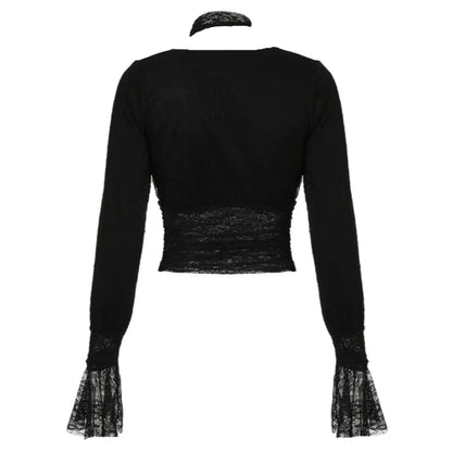 Black Lace Scarf And Deep V-Cut Flare Long Sleeve