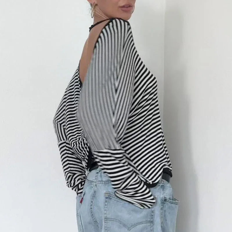 Black And White Stripe Backless Twist Knot Long Sleeve