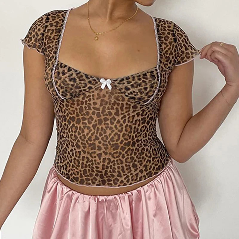 Brown Sheer Cheetah 3D Bow Lettuce Trim Short Sleeve