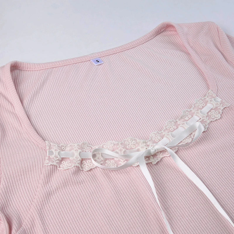 Solid Color Ribbed Lace V-Cut Bow Crop Long Sleeve