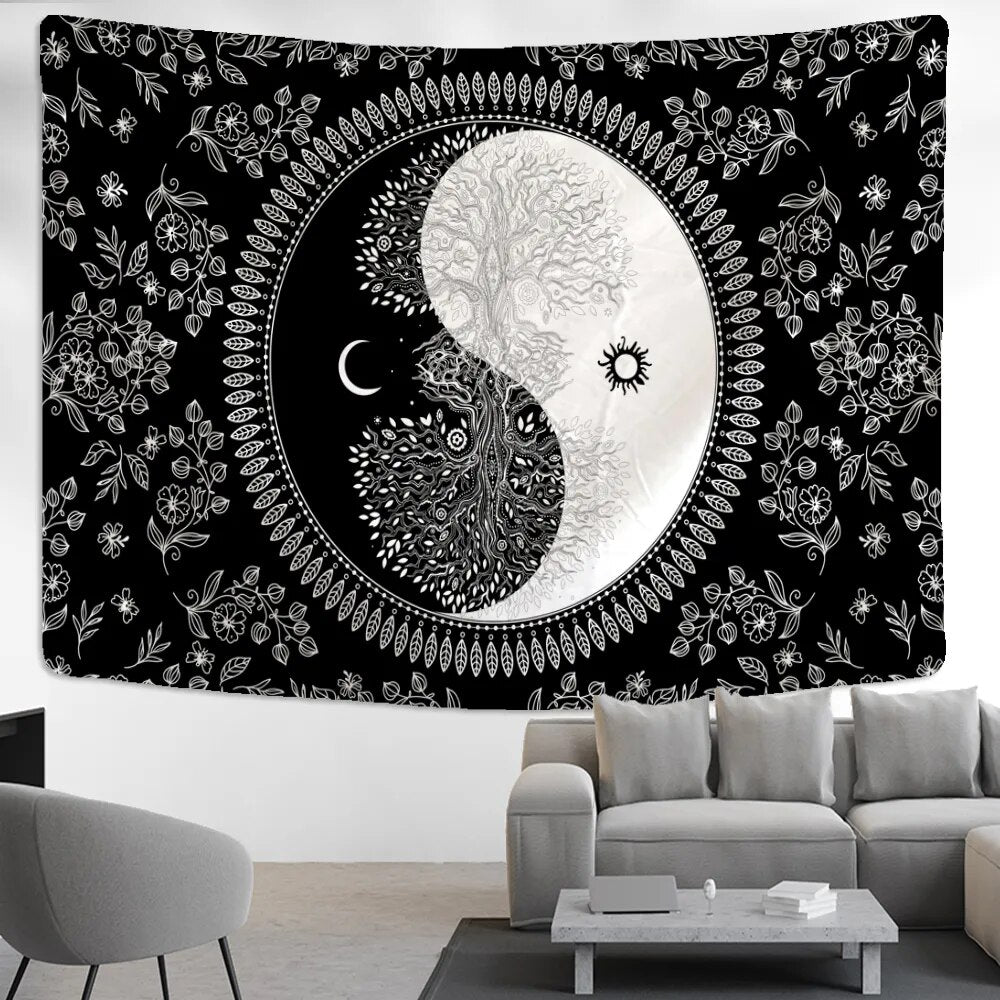 Black And White Yin And Yang Sun And Moon Tapestry