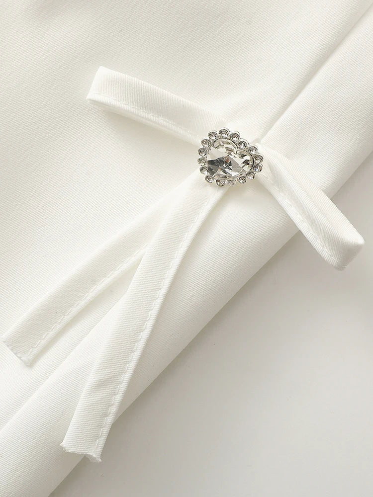 White Puff Sleeve Heart Rhinestone Bow Side Hollow Out Blazer