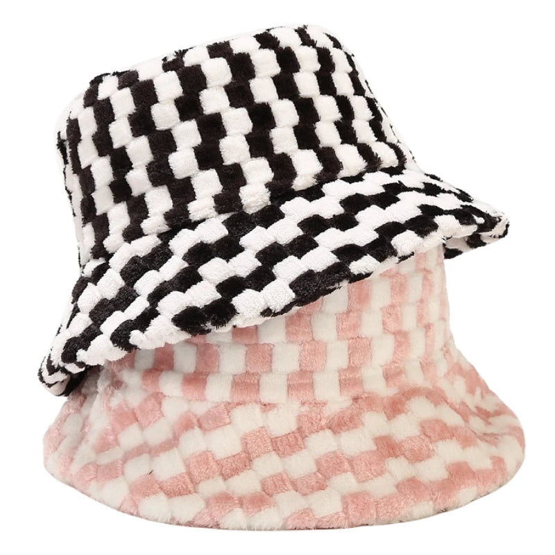 Solid Color Asymmetric Checkered Fur Bucket Hat