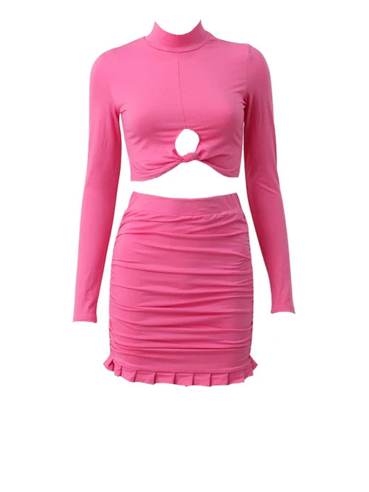 Pink Turtleneck Front Knot Crop Long Sleeve And Ruched Ruffle Trim Mini Skirt Set