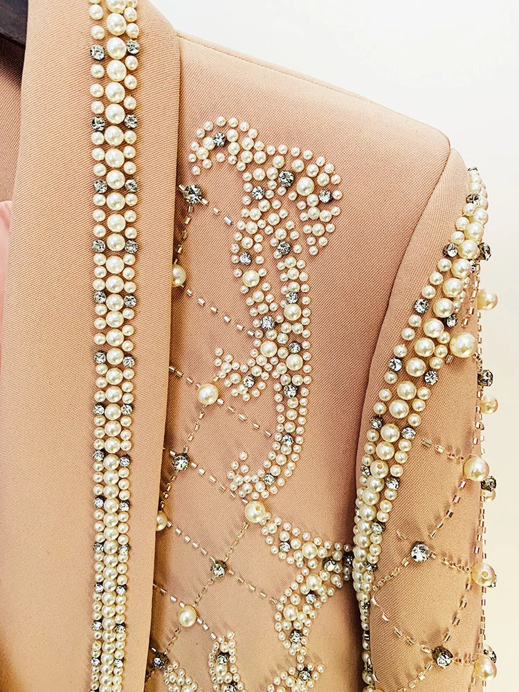 Peach Pearl Bead And Rhinestone Studded Blazer