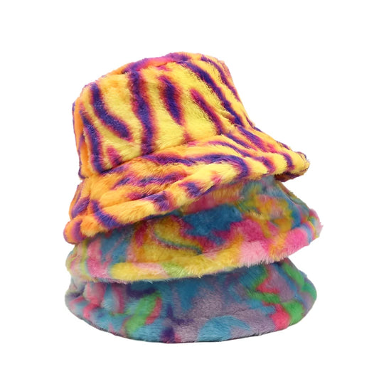 Multicolor Swirl Tie-Dye Fur Bucket Hat