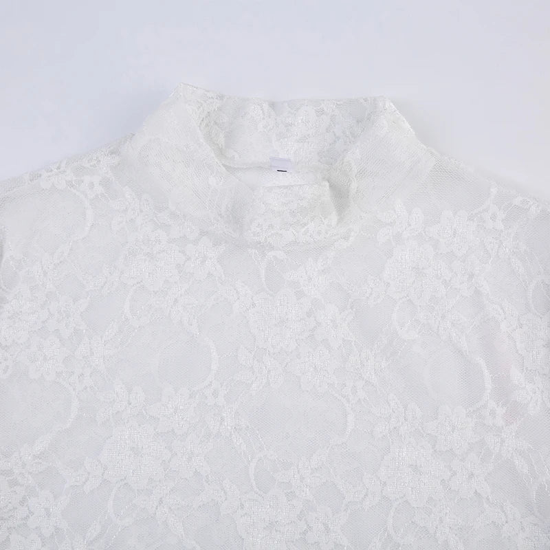 White Lace Turtleneck Lettuce Trim Crop Long Sleeve