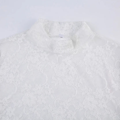 White Lace Turtleneck Lettuce Trim Crop Long Sleeve